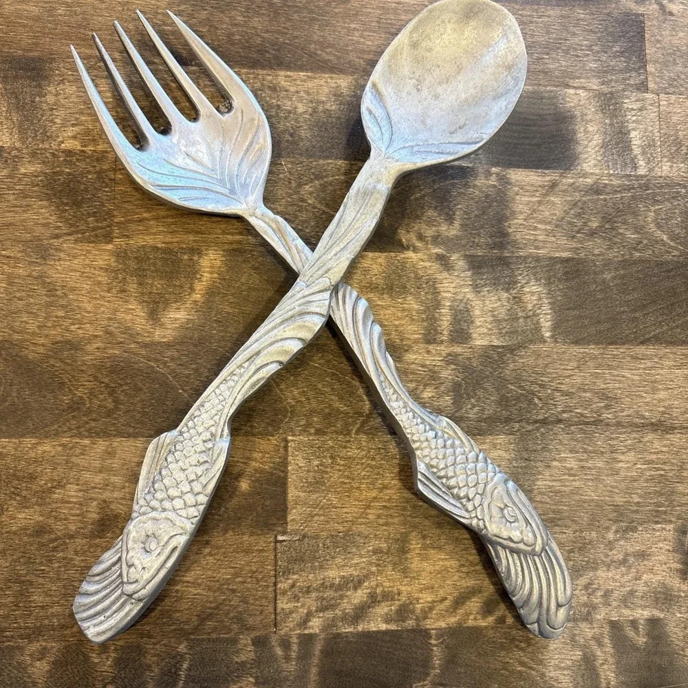 Vintage Hand-Cast Pewter Koi Fish Salad Serving Set - Artisan C.16 Pattern 11.5
